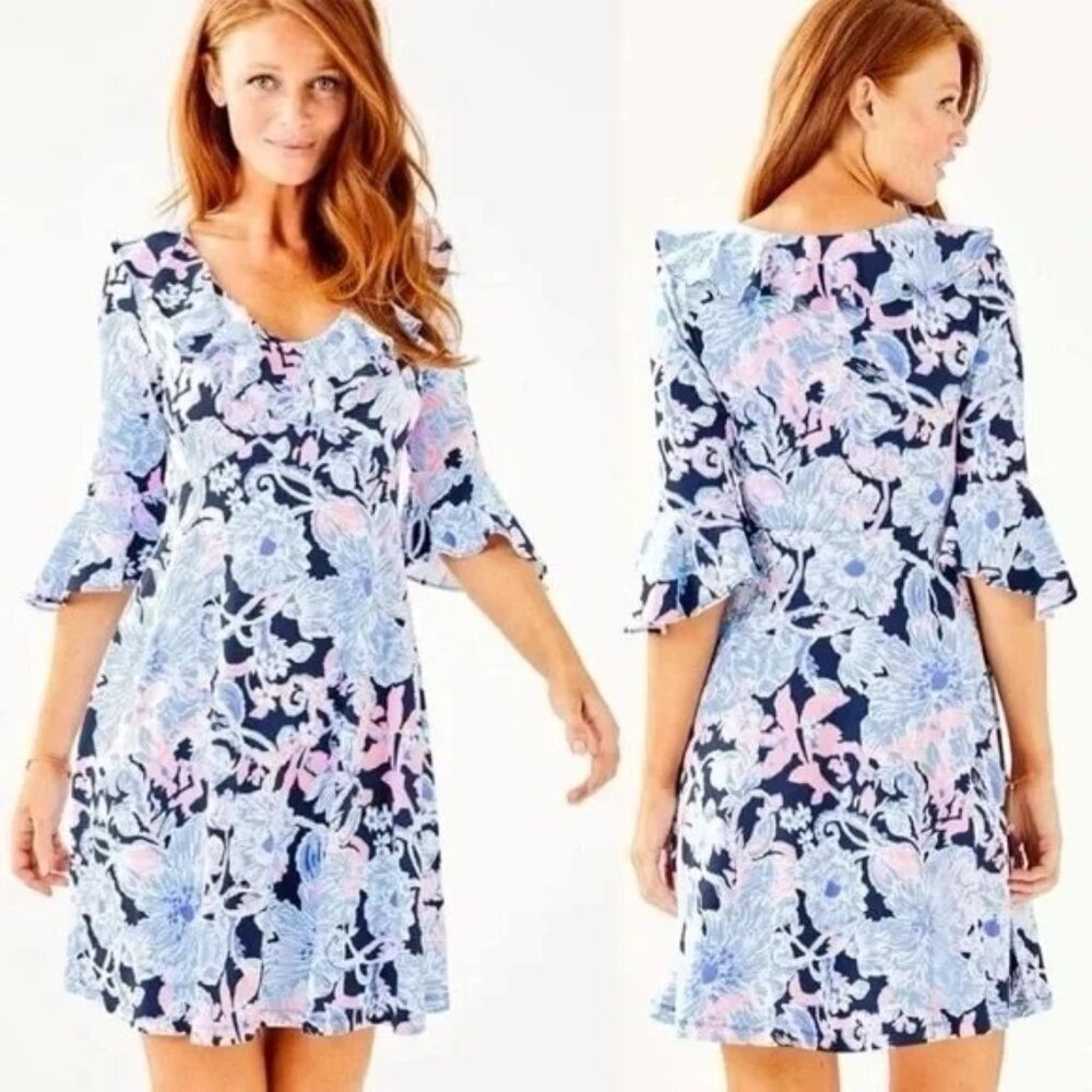 Lilly Pulitzer Stirling Dress Amore Please‎ Floral Print Blue Pink size XS